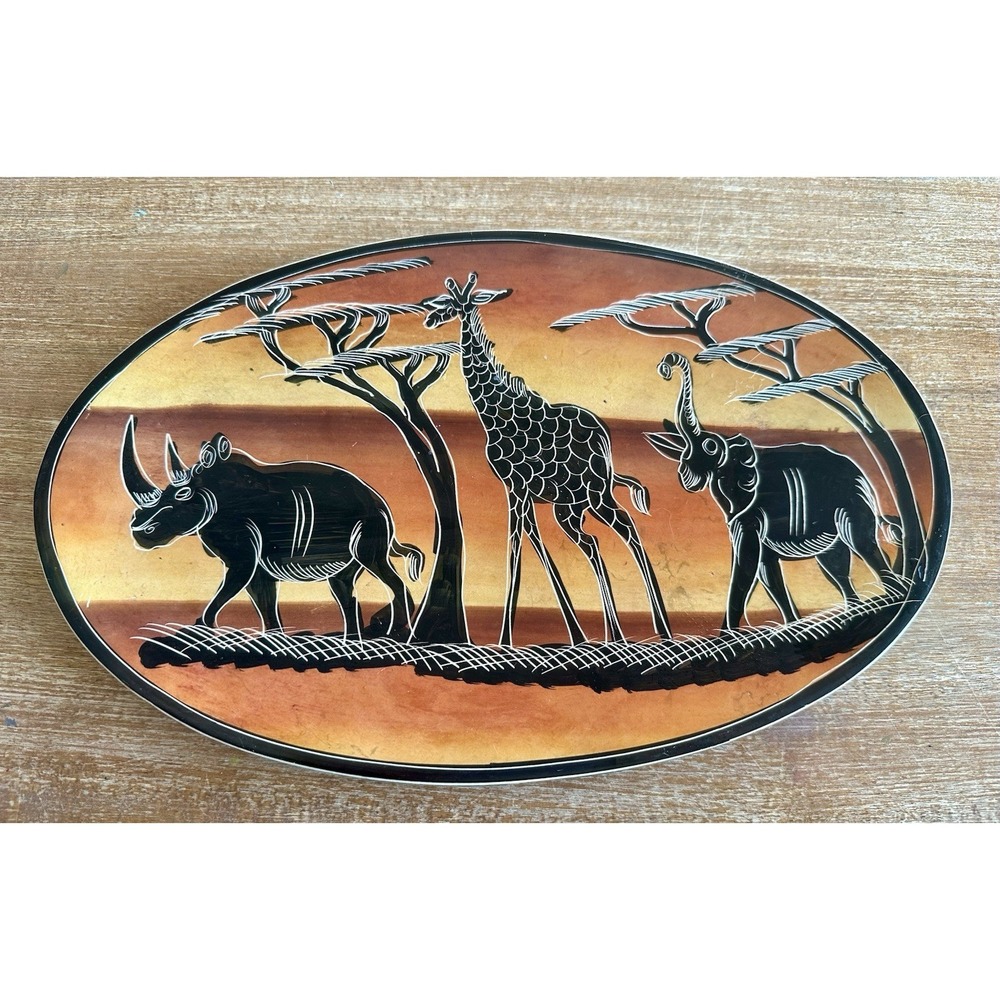 African Safari Soapstone Oval Plate Hand Painted Giraffes‎ Kenya 12"